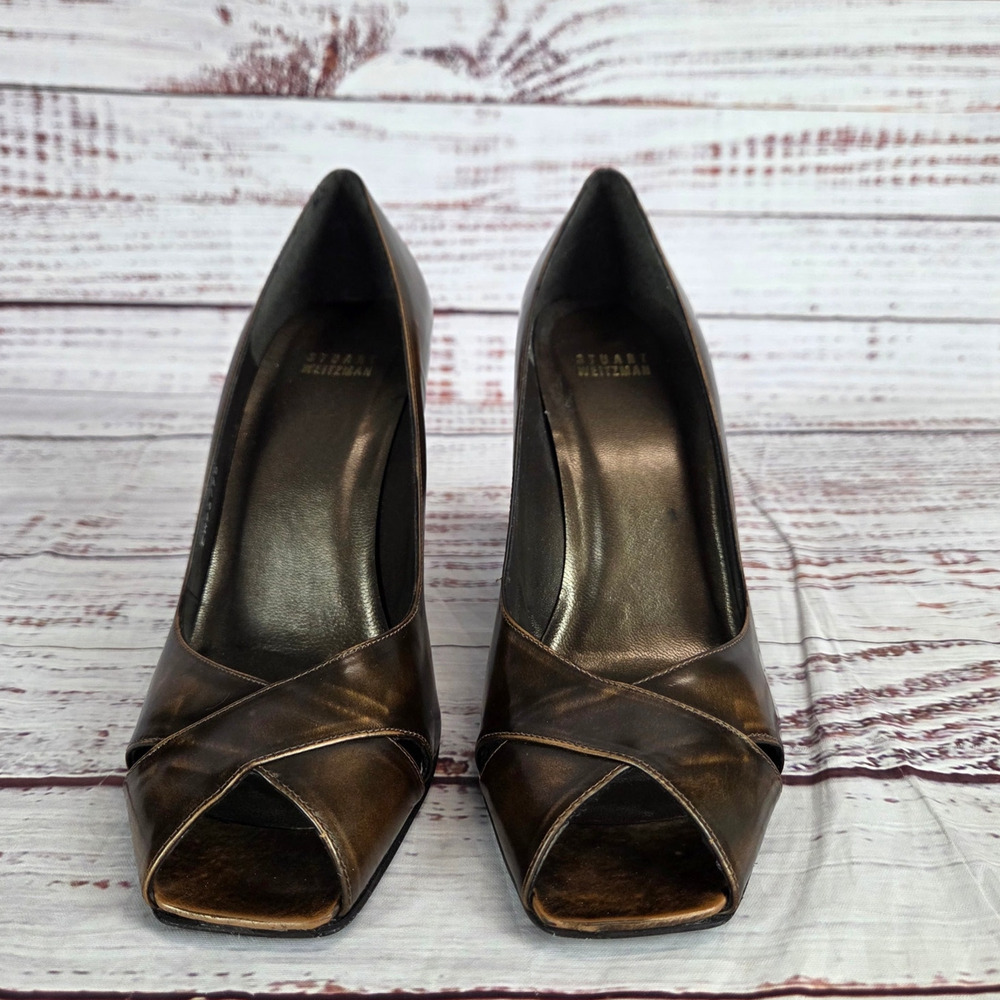 Stuart Weitzman Bonze Peep Toe Pumps Sz 9 Chunky Heel Classic Office Party Glam - Picture 5 of 9